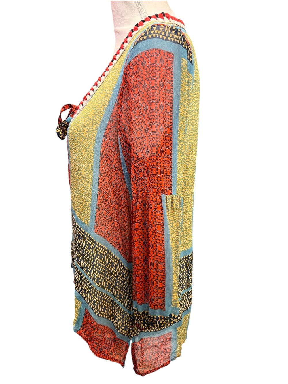Gypsy 05 Global Village 100% Silk Patchwork Crochet Boho Blouse Top XS - Picture 7 of 14